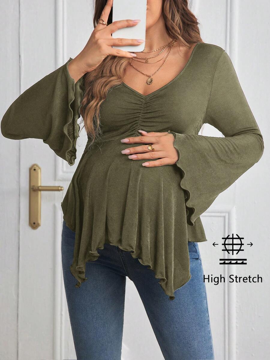 Maternity Flounce Sleeve Ruched Lettuce Trim T-Shirt - Rust Brown High Neck Slim Fit Flare Sleeve Knitted Pregnancy Top