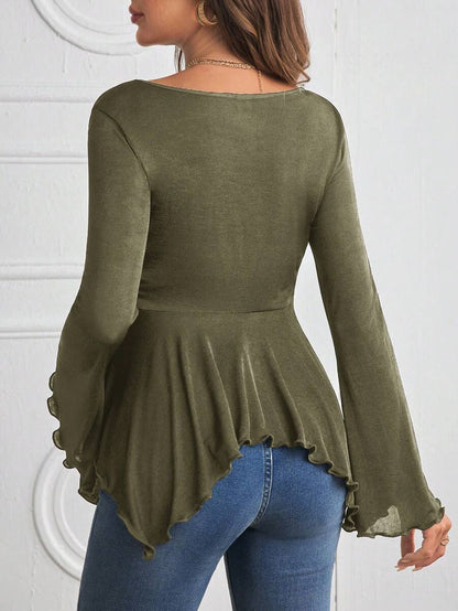 Maternity Flounce Sleeve Ruched Lettuce Trim T-Shirt - Rust Brown High Neck Slim Fit Flare Sleeve Knitted Pregnancy Top