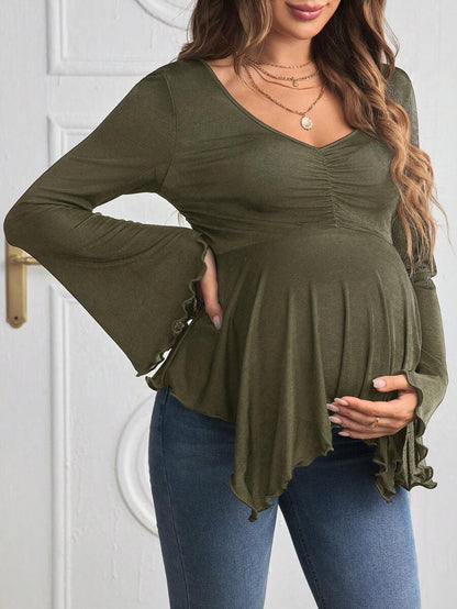 Maternity Flounce Sleeve Ruched Lettuce Trim T-Shirt - Rust Brown High Neck Slim Fit Flare Sleeve Knitted Pregnancy Top