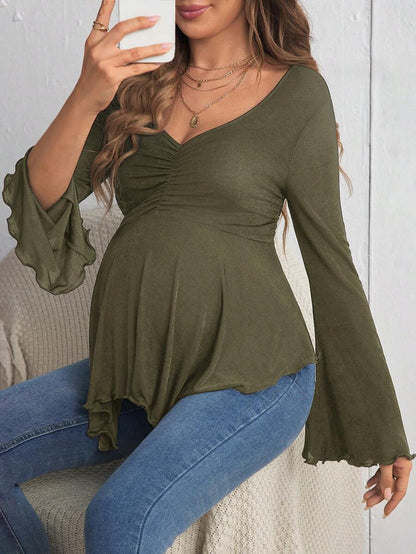 Maternity Flounce Sleeve Ruched Lettuce Trim T-Shirt - Rust Brown High Neck Slim Fit Flare Sleeve Knitted Pregnancy Top