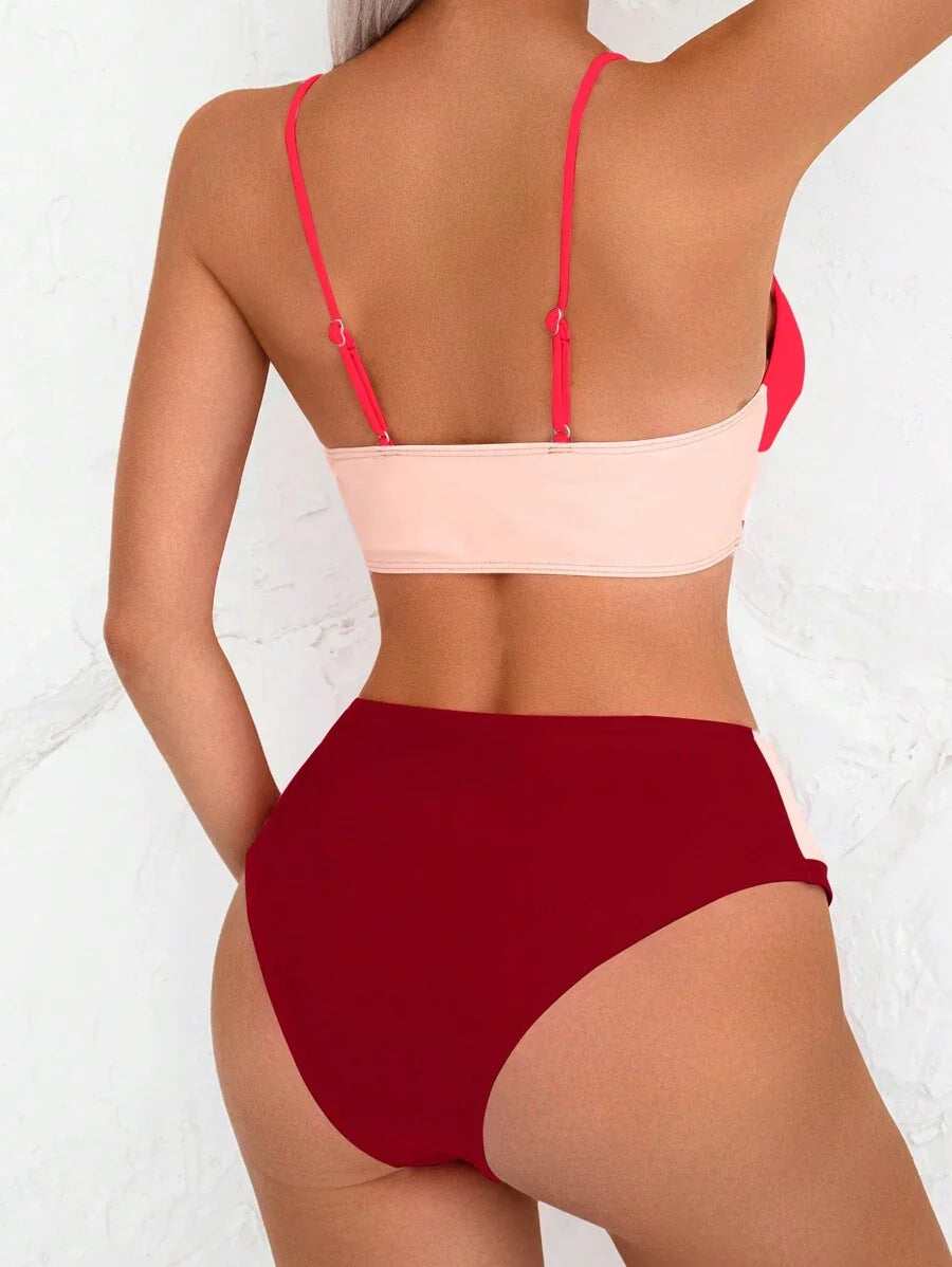 Women's 2-Piece Color-Block Bikini Set - Spaghetti Strap, Criss Cross, High Waist, Multicolor