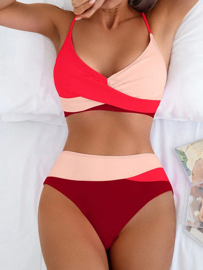 Women's 2-Piece Color-Block Bikini Set - Spaghetti Strap, Criss Cross, High Waist, Multicolor