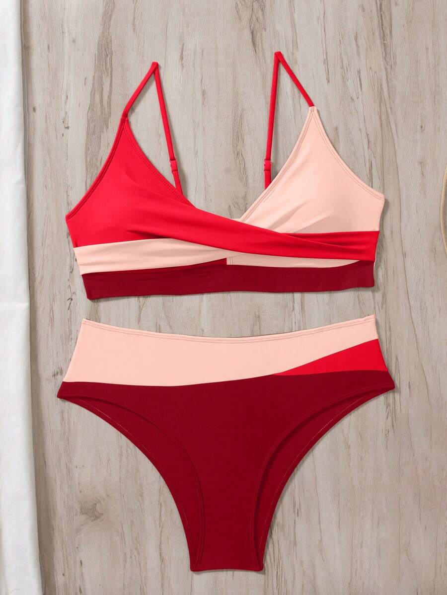 Women's 2-Piece Color-Block Bikini Set - Spaghetti Strap, Criss Cross, High Waist, Multicolor