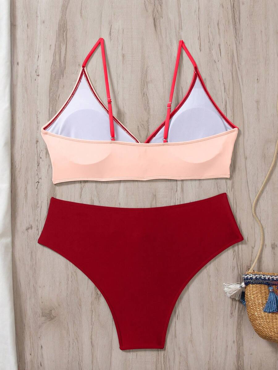 Women's 2-Piece Color-Block Bikini Set - Spaghetti Strap, Criss Cross, High Waist, Multicolor