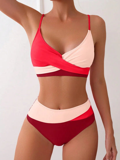 Women's 2-Piece Color-Block Bikini Set - Spaghetti Strap, Criss Cross, High Waist, Multicolor