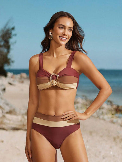 Swim Vcay Fashionable New Sexy Patchwork Color Block Thick Strap Top And High Waist Triangle Bottoms Bikini Swimsuit Set, Bodycon & Alluring For Summer Beach Vacation