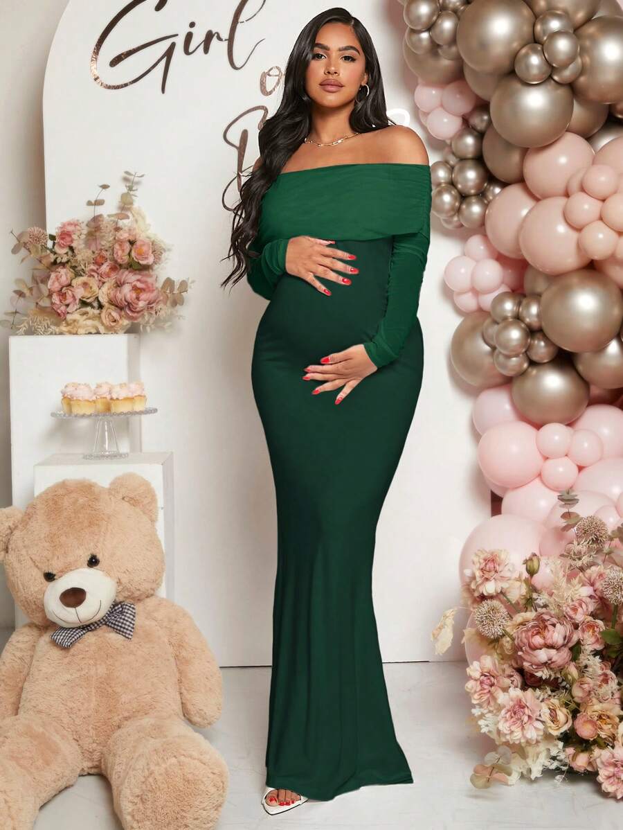 Maternity Off Shoulder Ruched Hem Dress Solid Color Slim Fit Pregnancy Gown for Baby Shower Gender Reveal Party Wedding Guest Summer