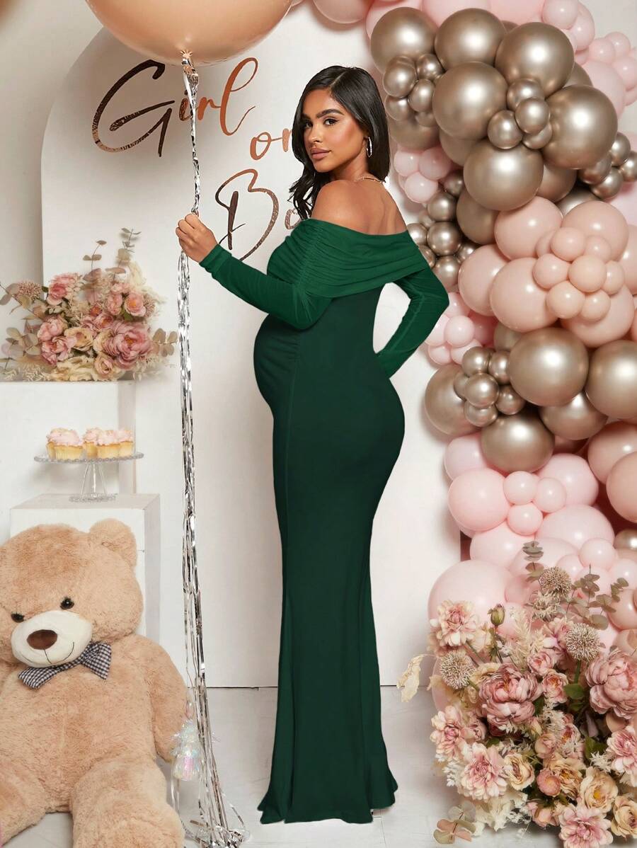 Maternity Off Shoulder Ruched Hem Dress Solid Color Slim Fit Pregnancy Gown for Baby Shower Gender Reveal Party Wedding Guest Summer
