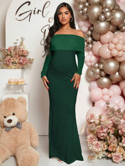 Maternity Off Shoulder Ruched Hem Dress Solid Color Slim Fit Pregnancy Gown for Baby Shower Gender Reveal Party Wedding Guest Summer