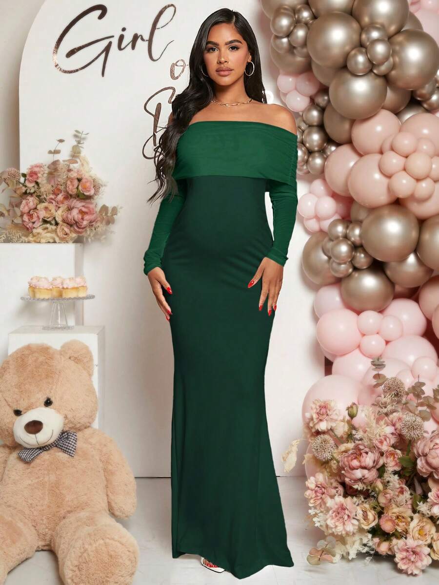 Pregnant Women Off-Shoulder Fishtail Baby Shower Long Sleeve Dress For Maternity