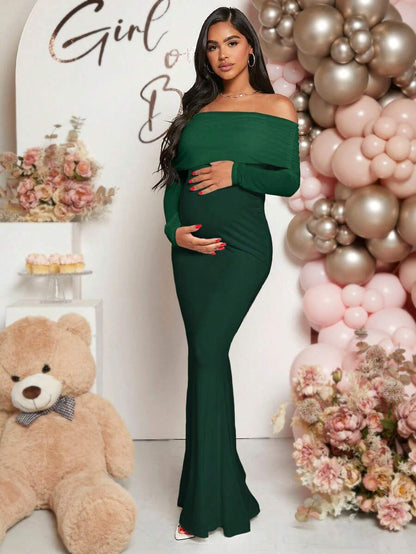 Pregnant Women Off-Shoulder Fishtail Baby Shower Long Sleeve Dress For Maternity