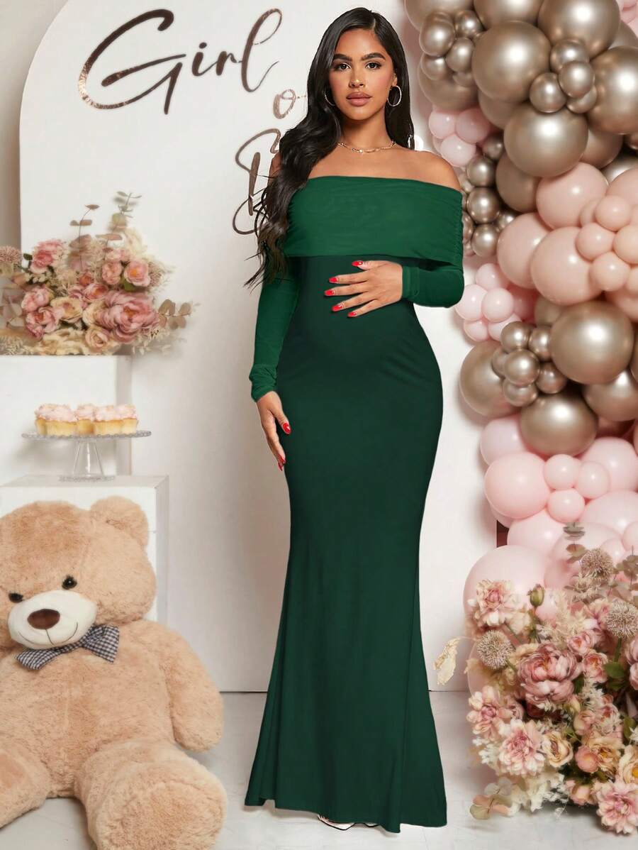 Pregnant Women Off-Shoulder Fishtail Baby Shower Long Sleeve Dress For Maternity