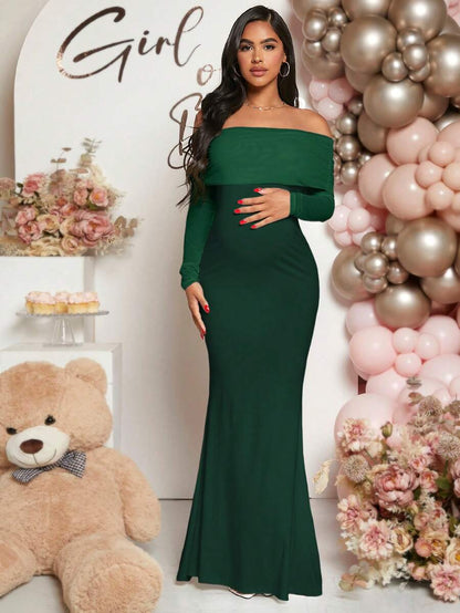 Maternity Off Shoulder Ruched Hem Dress Solid Color Slim Fit Pregnancy Gown for Baby Shower Gender Reveal Party Wedding Guest Summer