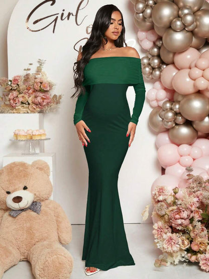 Maternity Off Shoulder Ruched Hem Dress Solid Color Slim Fit Pregnancy Gown for Baby Shower Gender Reveal Party Wedding Guest Summer