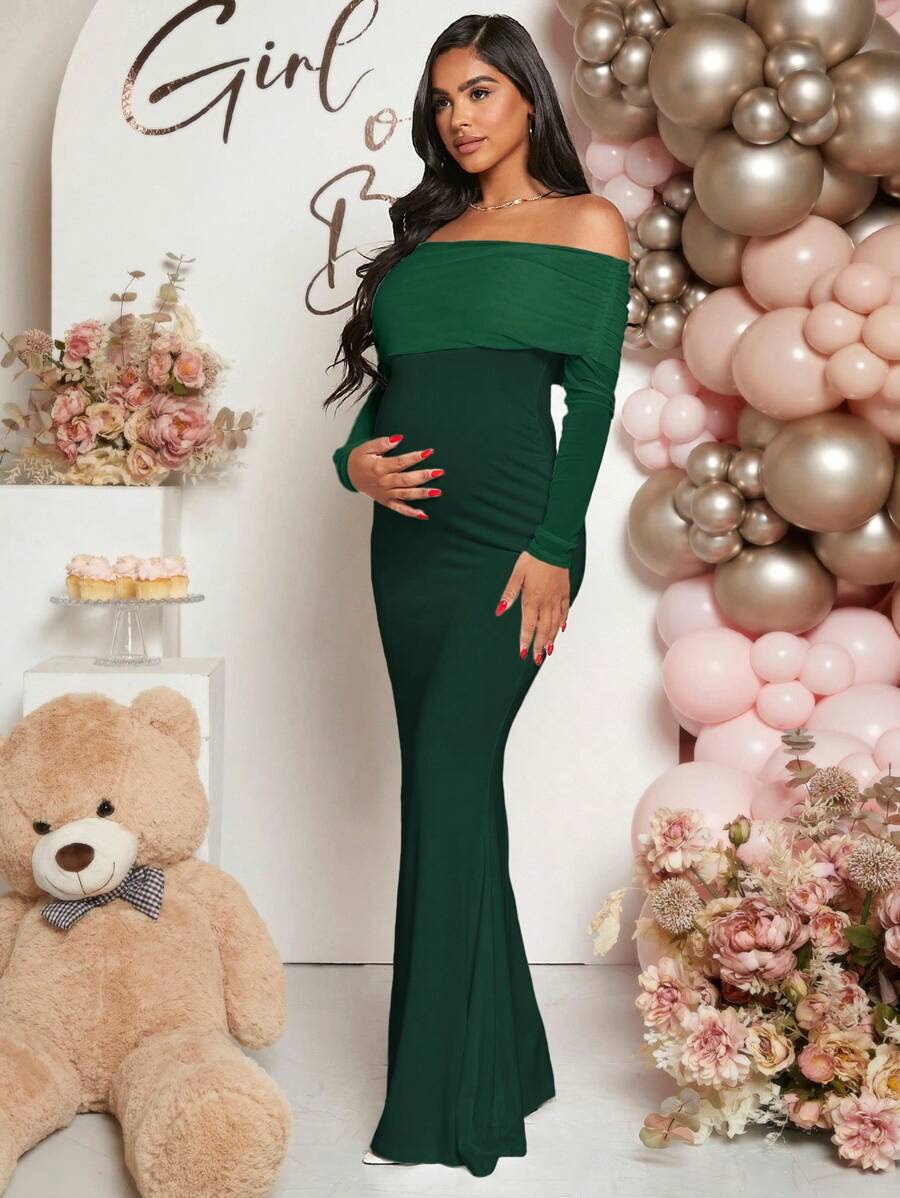 Maternity Off Shoulder Ruched Hem Dress Solid Color Slim Fit Pregnancy Gown for Baby Shower Gender Reveal Party Wedding Guest Summer