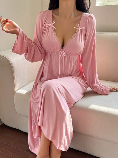 Maternity Bowknot Ruffle Trim Waist Nightgown - Soft Cozy Pajama Dress, Fall Winter Sleepwear