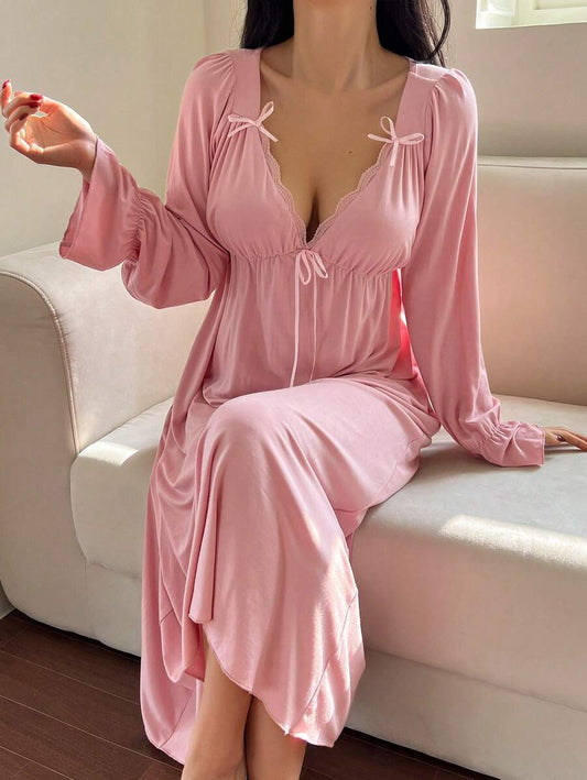 Maternity Bowknot Ruffle Trim Waist Nightgown - Soft Cozy Pajama Dress, Fall Winter Sleepwear