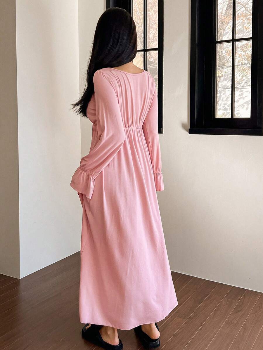 Maternity Bowknot Ruffle Trim Waist Nightgown - Soft Cozy Pajama Dress, Fall Winter Sleepwear