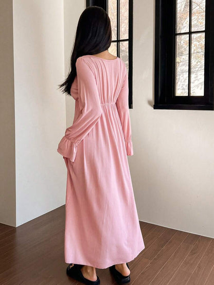 Maternity Bowknot Ruffle Trim Waist Nightgown - Soft Cozy Pajama Dress, Fall Winter Sleepwear
