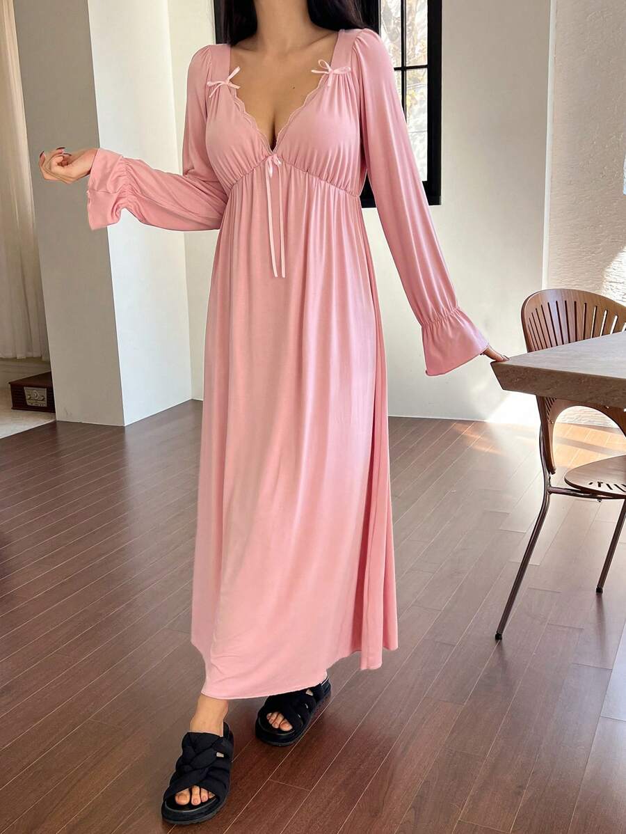 Maternity Bowknot Ruffle Trim Waist Nightgown - Soft Cozy Pajama Dress, Fall Winter Sleepwear