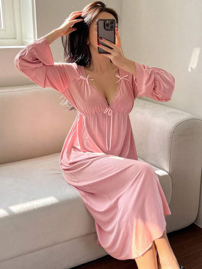 Maternity Bowknot Ruffle Trim Waist Nightgown - Soft Cozy Pajama Dress, Fall Winter Sleepwear
