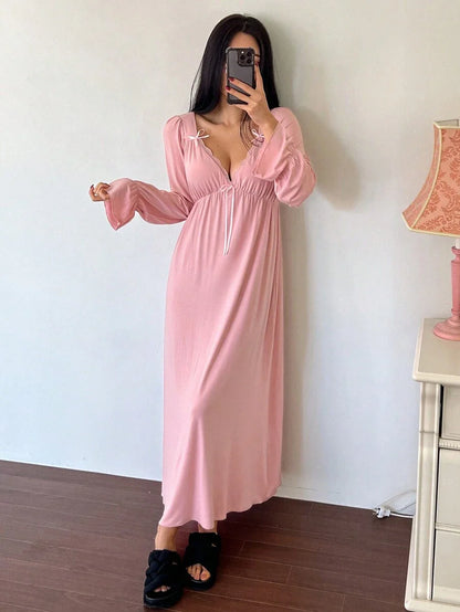 Maternity Bowknot Ruffle Trim Waist Nightgown - Soft Cozy Pajama Dress, Fall Winter Sleepwear