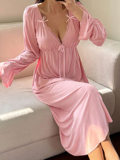 Maternity Bowknot Ruffle Trim Waist Nightgown - Soft Cozy Pajama Dress, Fall Winter Sleepwear
