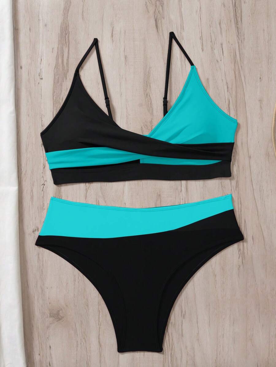 Women's 2-Piece Color-Block Bikini Set - Spaghetti Strap, Criss Cross, High Waist, Multicolor