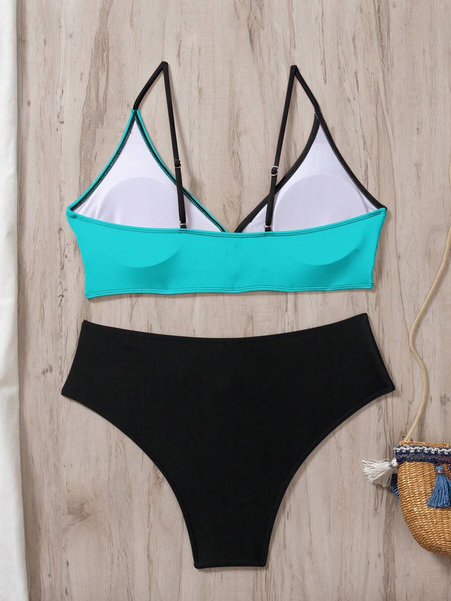 Women's 2-Piece Color-Block Bikini Set - Spaghetti Strap, Criss Cross, High Waist, Multicolor