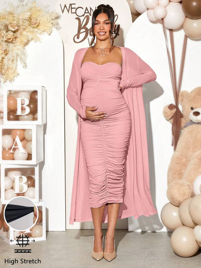 Maternity 2 Piece Set Solid Brown Long Sleeve Long Cardigan and Ruched Camisole Midi Bodycon Dress for Thanksgiving