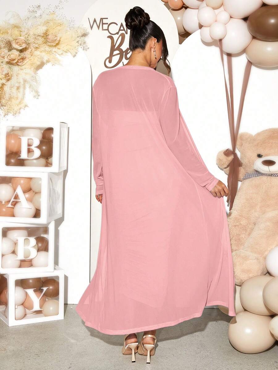 Maternity 2 Piece Set Solid Brown Long Sleeve Long Cardigan and Ruched Camisole Midi Bodycon Dress for Thanksgiving