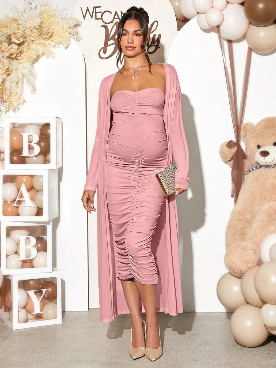 Maternity 2 Piece Set Solid Brown Long Sleeve Long Cardigan and Ruched Camisole Midi Bodycon Dress for Thanksgiving