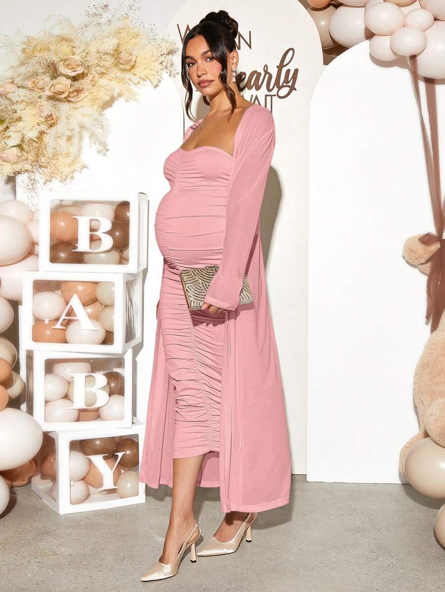 Maternity 2 Piece Set Solid Brown Long Sleeve Long Cardigan and Ruched Camisole Midi Bodycon Dress for Thanksgiving