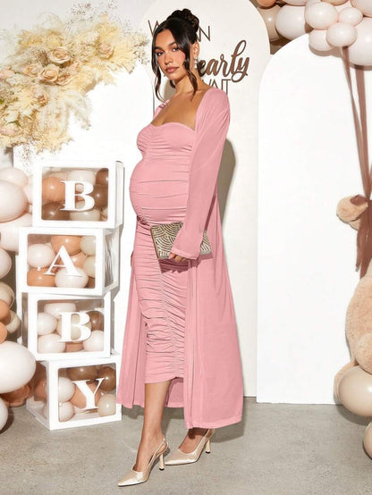 Maternity 2 Piece Set Solid Brown Long Sleeve Long Cardigan and Ruched Camisole Midi Bodycon Dress for Thanksgiving