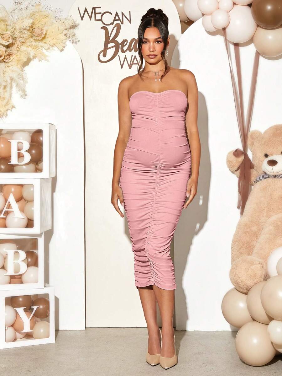 Maternity 2 Piece Set Solid Brown Long Sleeve Long Cardigan and Ruched Camisole Midi Bodycon Dress for Thanksgiving