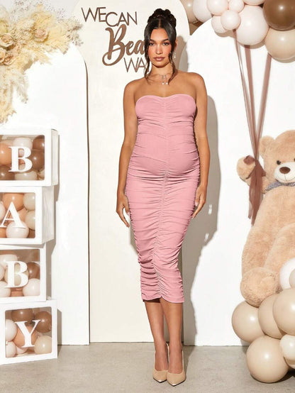 Maternity 2 Piece Set Solid Brown Long Sleeve Long Cardigan and Ruched Camisole Midi Bodycon Dress for Thanksgiving