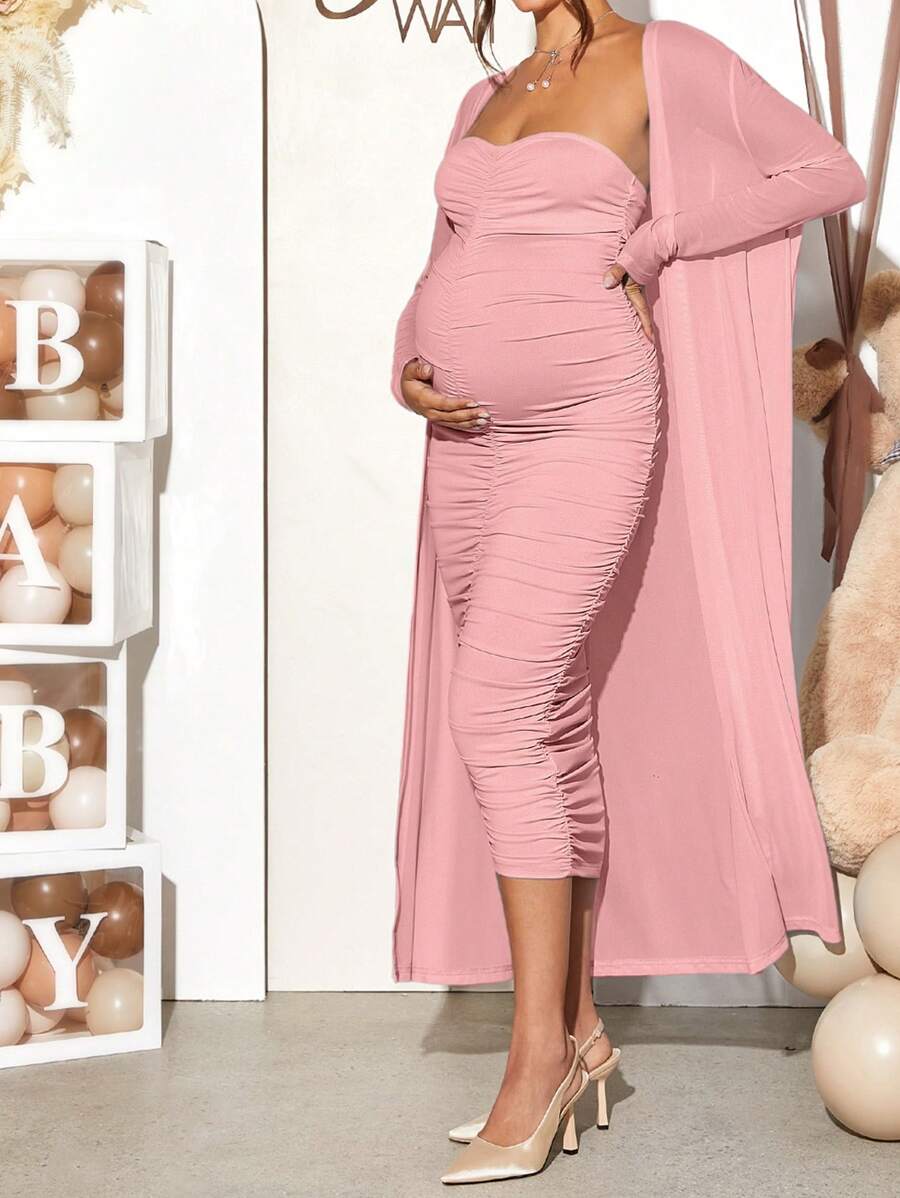 Maternity 2 Piece Set Solid Brown Long Sleeve Long Cardigan and Ruched Camisole Midi Bodycon Dress for Thanksgiving