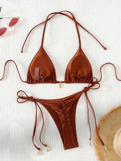 Swim Chiccia Women Spring Break Summer Beach Solid Color Halter Tie Sexy Bikini Swimsuit Set