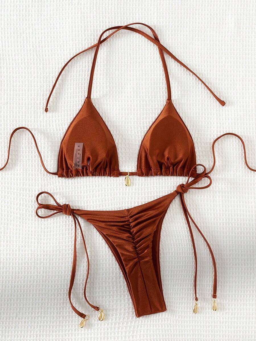 Swim Chiccia Women Spring Break Summer Beach Solid Color Halter Tie Sexy Bikini Swimsuit Set