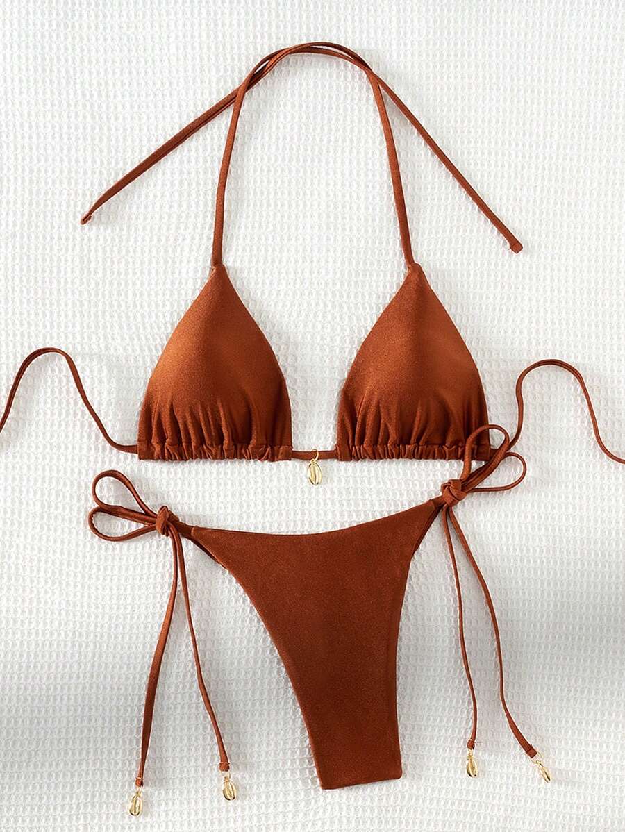 Swim Chiccia Women Spring Break Summer Beach Solid Color Halter Tie Sexy Bikini Swimsuit Set