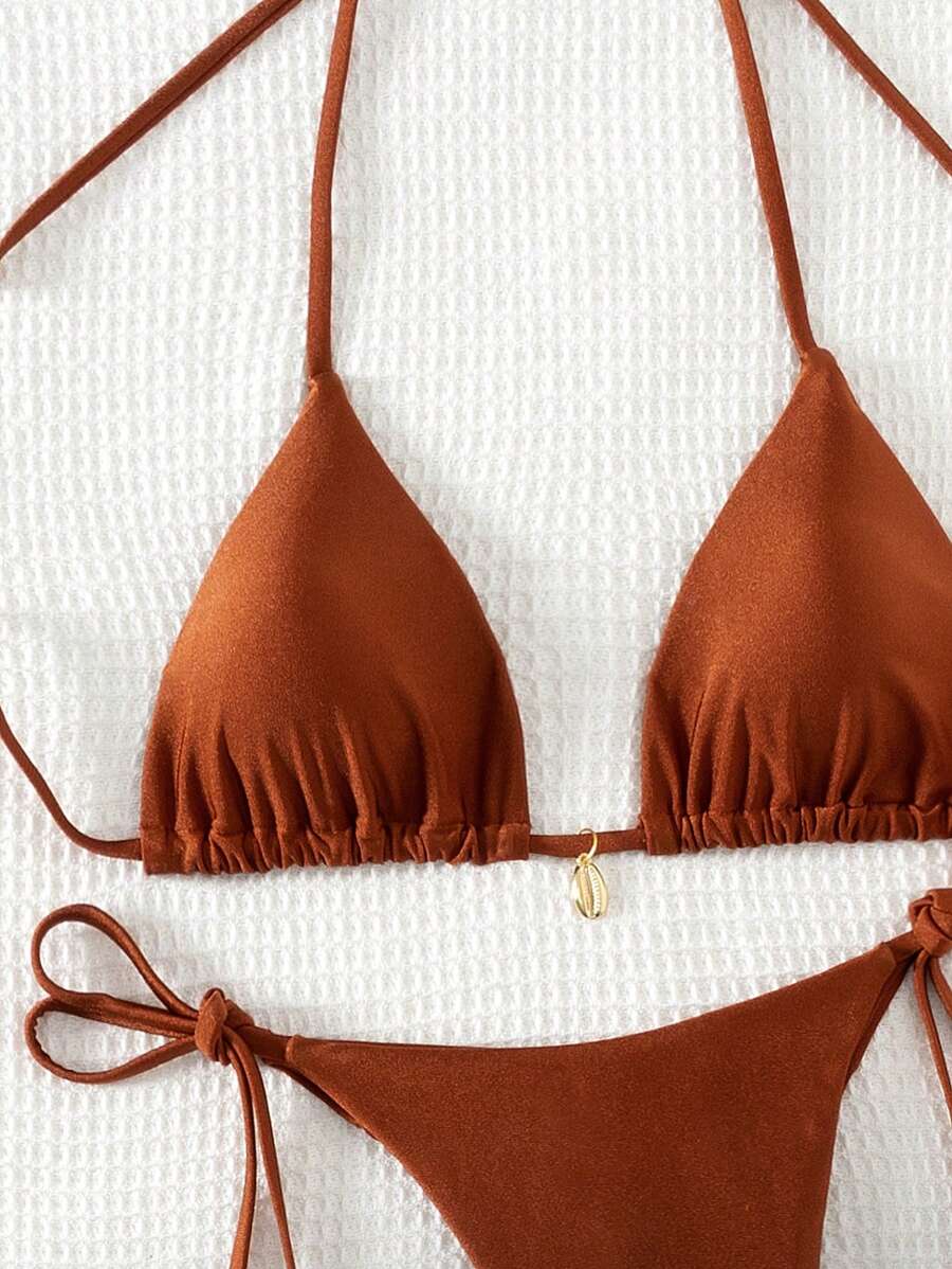 Swim Chiccia Women Spring Break Summer Beach Solid Color Halter Tie Sexy Bikini Swimsuit Set