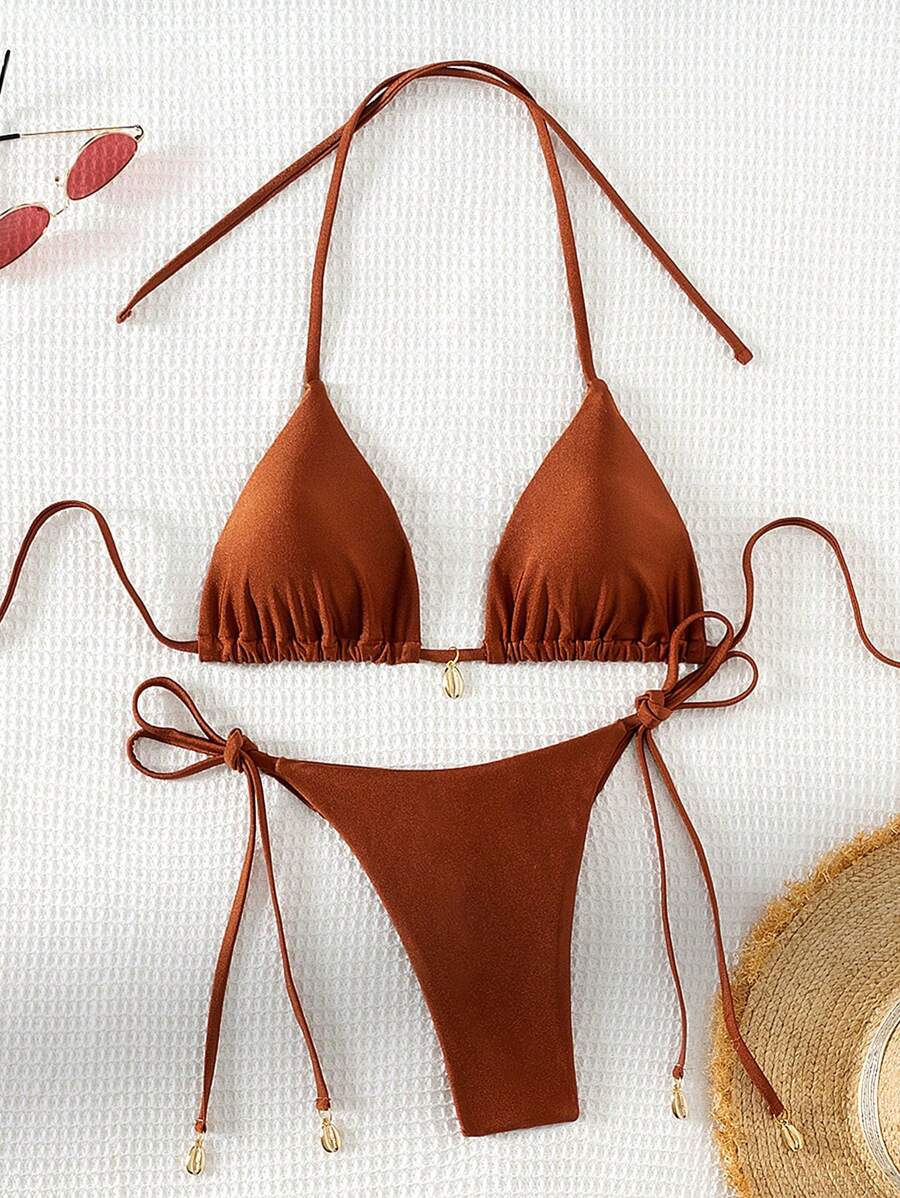 Swim Chiccia Women Spring Break Summer Beach Solid Color Halter Tie Sexy Bikini Swimsuit Set