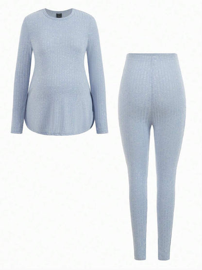 Maternity Grey Long Sleeve Tee and Knot Side Leggings Set - Casual Round Neck Two Piece Lounge Outfit for Spring and Fall