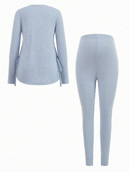 Maternity Grey Long Sleeve Tee and Knot Side Leggings Set - Casual Round Neck Two Piece Lounge Outfit for Spring and Fall