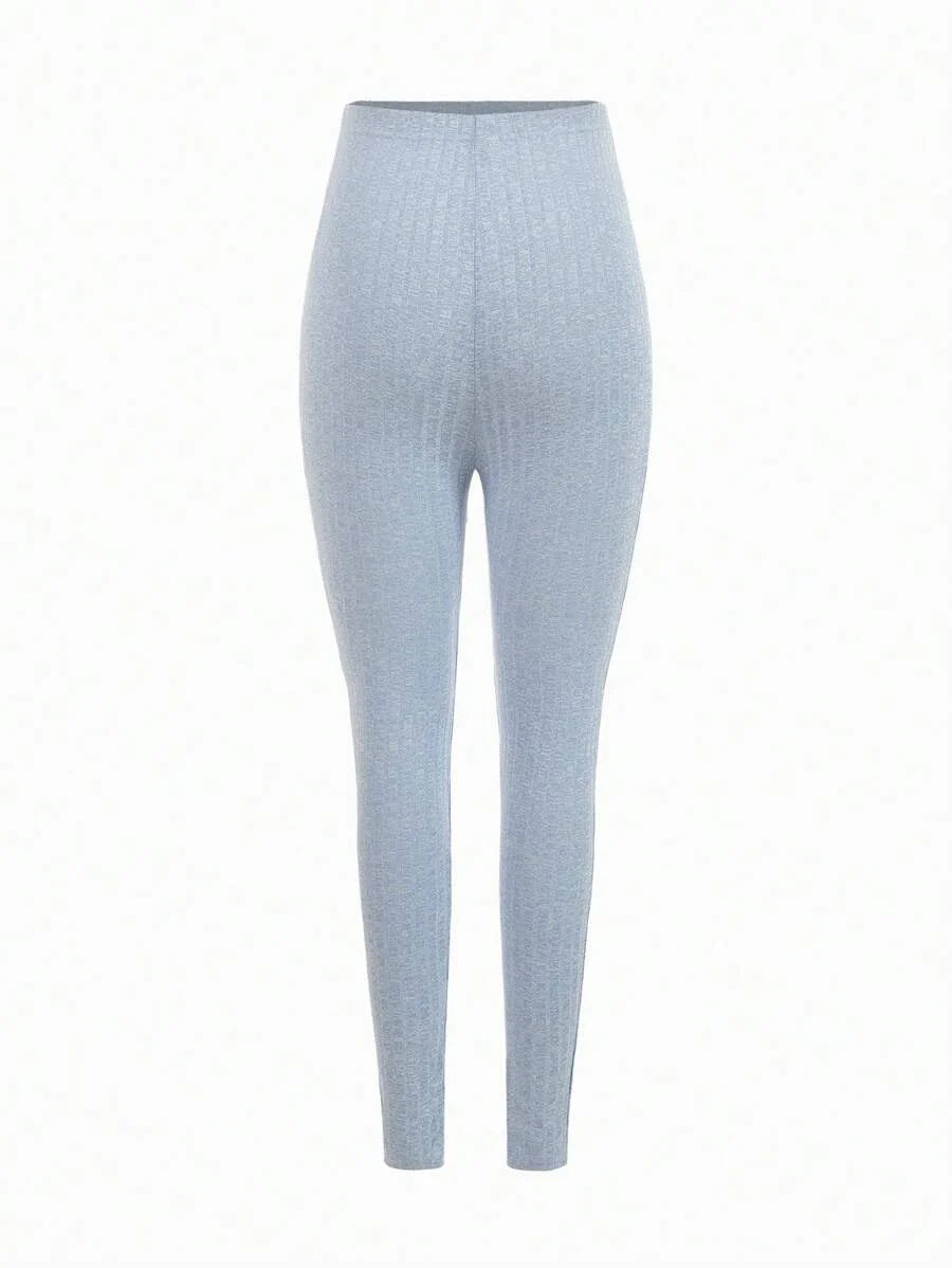 Maternity Grey Long Sleeve Tee and Knot Side Leggings Set - Casual Round Neck Two Piece Lounge Outfit for Spring and Fall