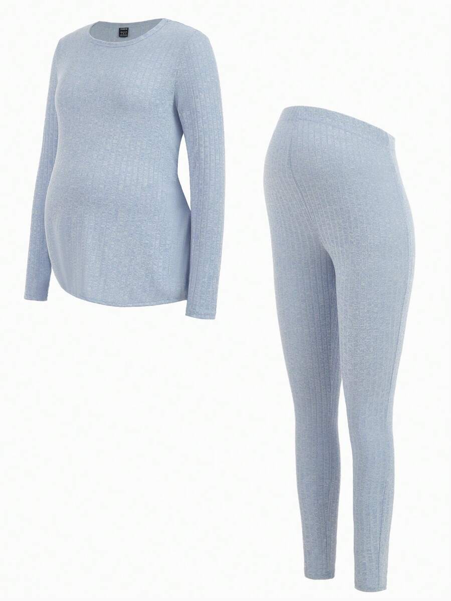 Maternity Grey Long Sleeve Tee and Knot Side Leggings Set - Casual Round Neck Two Piece Lounge Outfit for Spring and Fall