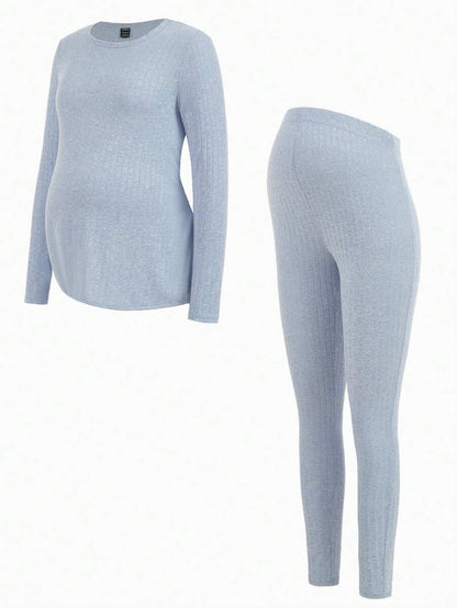 Maternity Grey Long Sleeve Tee and Knot Side Leggings Set - Casual Round Neck Two Piece Lounge Outfit for Spring and Fall