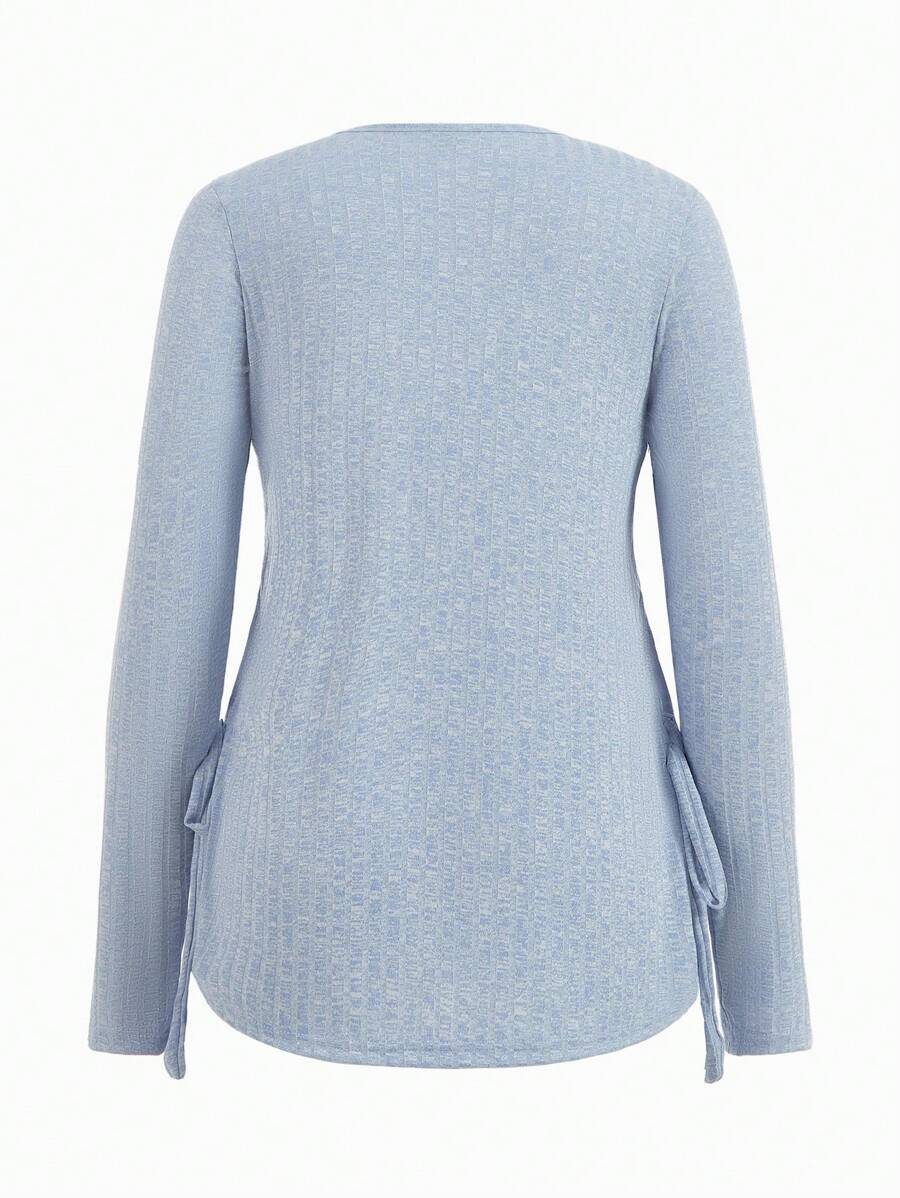 Maternity Grey Long Sleeve Tee and Knot Side Leggings Set - Casual Round Neck Two Piece Lounge Outfit for Spring and Fall