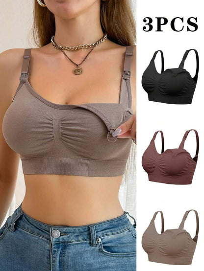 3PCS Maternity Nursing Bras Set Women Simple Solid Color Comfortable Breastfeeding Bra Set