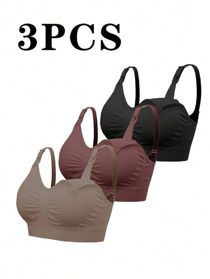 3PCS Maternity Nursing Bras Set Women Simple Solid Color Comfortable Breastfeeding Bra Set